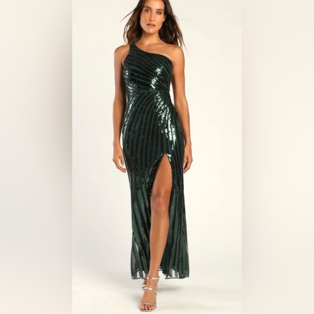 Lulu's One-Shoulder Emerald Green Sequin Maxi Dress
